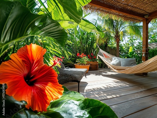 Tropicalinspired garden with bright hibiscus, banana leaves, and a hammock for a relaxing ambiance photo