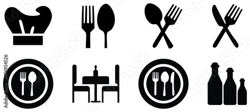 Fork, spoon, knife and plate. Menu symbol. Tableware instruments. Restaurant icon. Food, plate, fork, knife, spoon, cutlery icon set