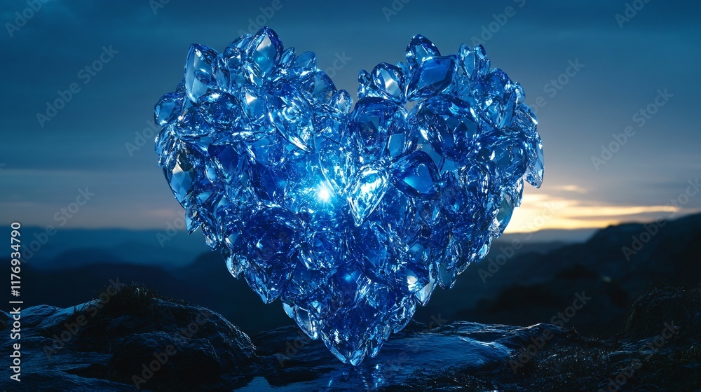 Obraz premium Heart-shaped blue crystal sculpture reflecting light at sunset in a tranquil landscape
