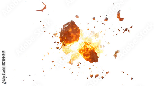 Asteroids Colliding with Fiery Explosions isolated on a transparent background