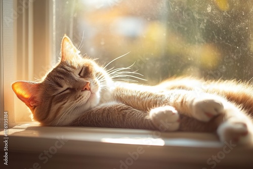 Cat relaxes in warm sunbeam on the windowsill during a tranquil afternoon