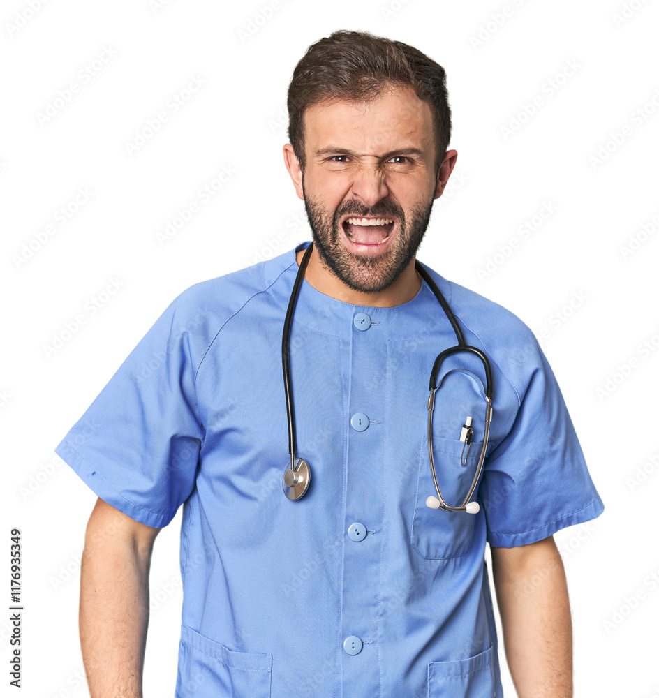 Hispanic male nurse in studio screaming very angry and aggressive. Hispanic male nurse in studio screaming very angry and aggressive.
