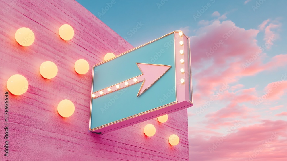 Bright arrow sign on textured wall against beautiful pastel sunset sky Bright arrow sign on textured wall against beautiful pastel sunset sky