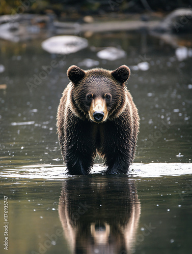 Majestic brown bears reflected tranquil lake surface amidst scenic natural backdrop wildlife grace power serenity wilderness photography national park river wallpaper wall art character marketing photo