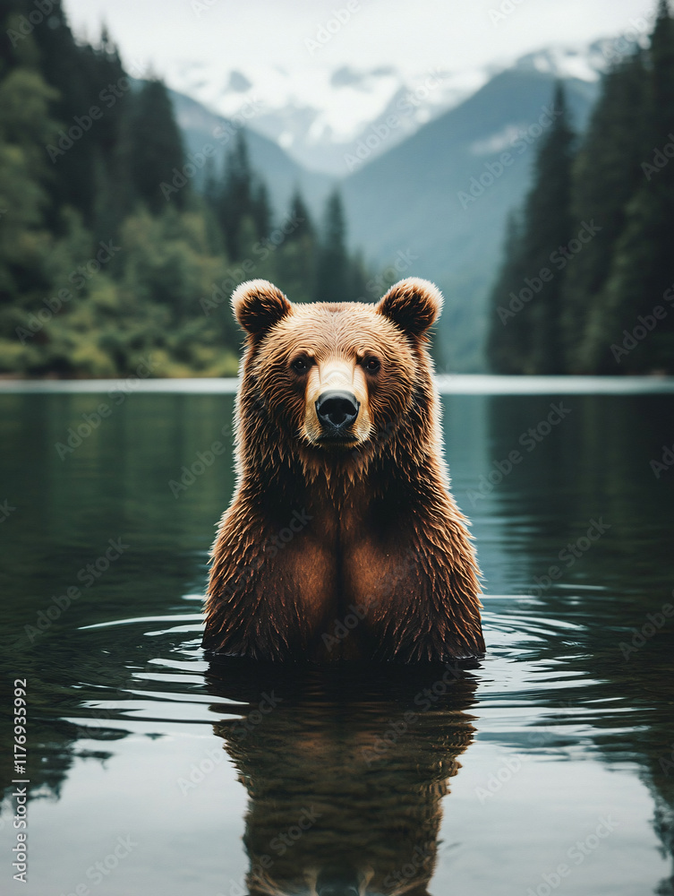 Obraz premium Majestic brown bears reflected tranquil lake surface amidst scenic natural backdrop wildlife grace power serenity wilderness photography national park river wallpaper wall art character marketing