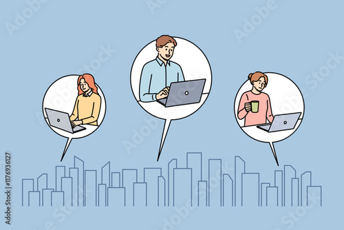 Business people work from own apartments in different parts of city with skyscrapers, using laptops with internet. Business people portraits over buildings silhouettes for remote team concept