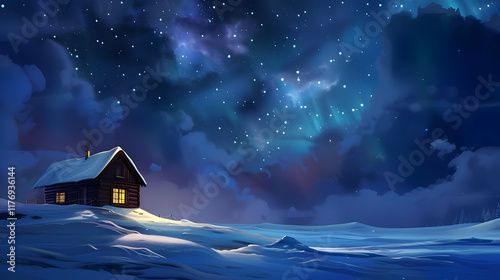 Wooden cabin by a frozen lake with snow-covered trees and a bright starry night sky