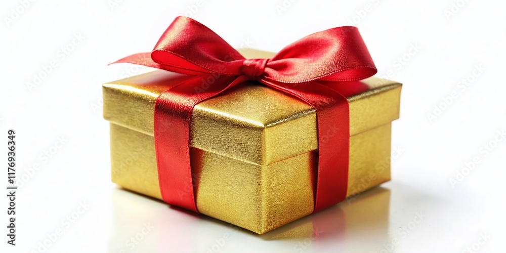 Obraz premium Miniature Golden Gift Box with Red Bow, Isolated White Background - Tilt-Shift Photography
