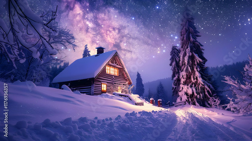 Wooden cabin by a frozen lake with snow-covered trees and a bright starry night sky