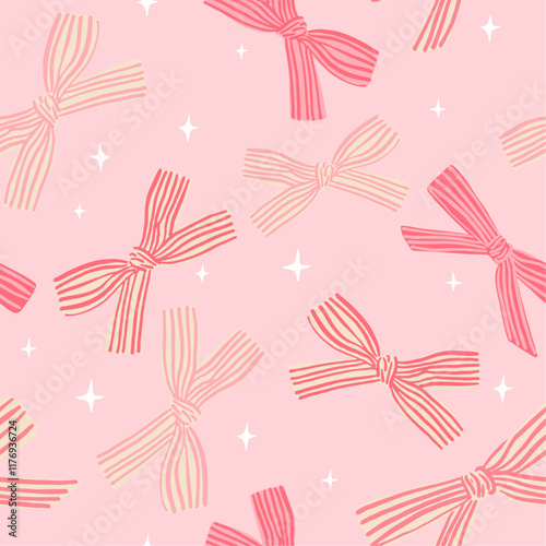 Pink pattern with bows in coquette esthetic, girlie background for valentine`s day