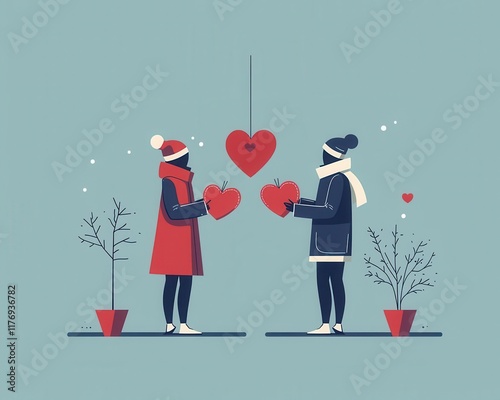 Couple in silhouette exchanging heartfilled wallets, representing love and shared financial goals, minimalist Valentine composition photo