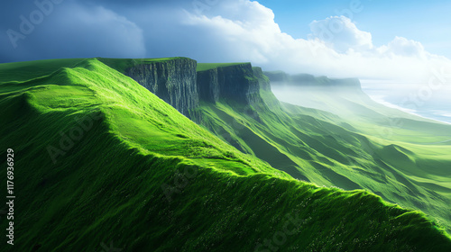 Breathtaking view of lush green hills and cliffs under a dramatic sky, showcasing nature's beauty and tranquility. photo