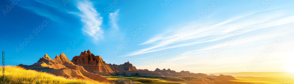 Breathtaking view of rolling mountains under a clear blue sky with soft clouds and warm sunlight illuminating the grassland. Breathtaking view of rolling mountains under a clear blue sky with soft clouds and warm sunlight illuminating the grassland.