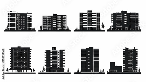 Silhouette set of residential buildings, from small houses to large apartment complexes, in black on white background