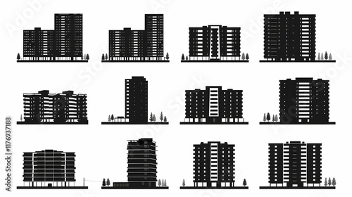 Silhouette set of residential buildings, from small houses to large apartment complexes, in black on white background