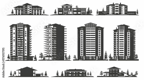 Silhouette set of residential buildings, from small houses to large apartment complexes, in black on white background