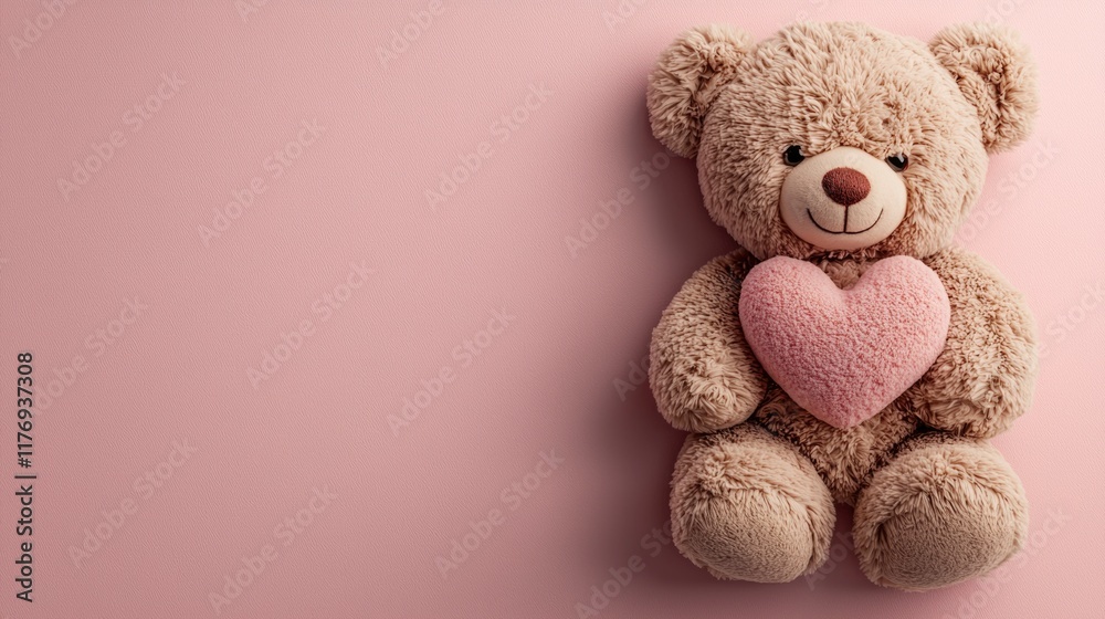 Obraz premium A soft teddy bear holding a heart sits against a pink background, representing love and warmth during the Valentine's Day holiday season
