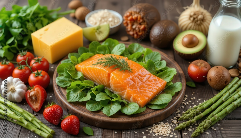 Fresh Salmon Fillet with Healthy Produce on Wooden Board