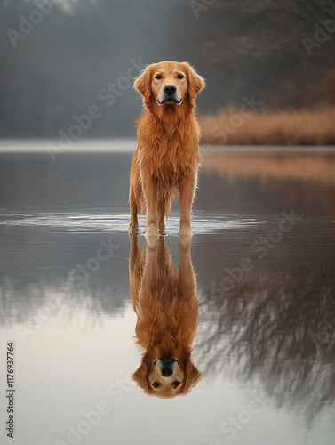 Golden Retriever Tranquil Lake Majestic Dog Standing Serene Water Reflection Peaceful Sunset Scenic Landscape Grace warm Elegance scene friend furry pet photography wallpaper wall art poster vet photo