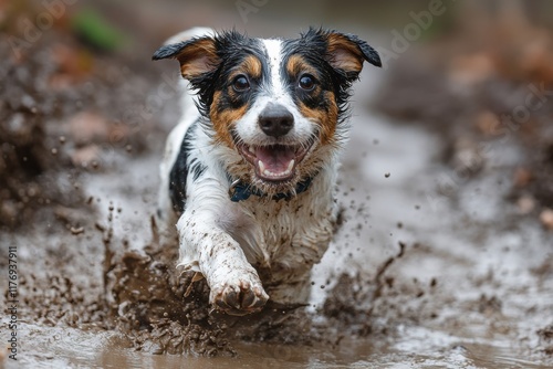 Joyful dog running through muddy ground during playful adventure in fall photo