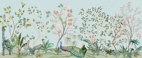 Blossom Chinoisserie Mural wallpaper, Birds, Peacock, Watercolor tree and background.