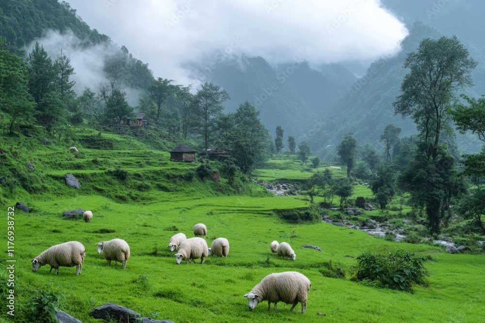 Fototapeta premium Sheep grazing peacefully in a lush green meadow during spring in a mountainous region