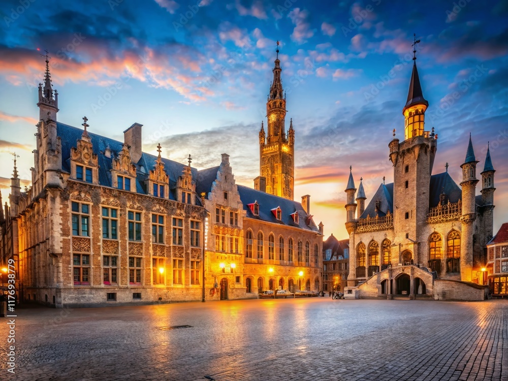 Naklejka premium Minimalist Bruges: Burg Square, Town Hall, Basilica & Belfry
