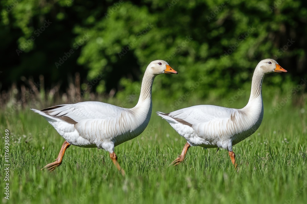 Ducks walking gracefully through vibrant green grass on a sunny spring day Ducks walking gracefully through vibrant green grass on a sunny spring day