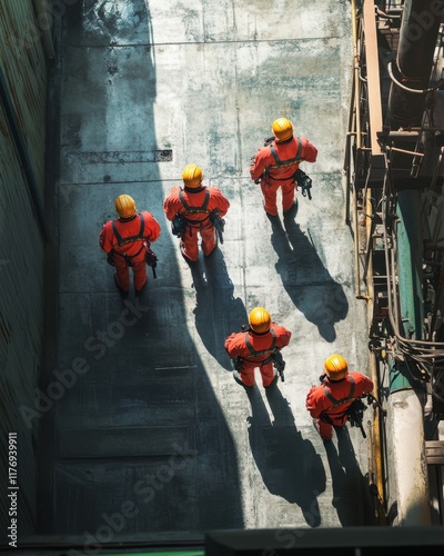 Group of industrial workers in orange safety suits and helmets walking in a factory setting with shadows cast on the concrete floor, aerial view.