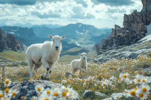 Mountain goats navigate rocky terrain among wildflowers in a scenic landscape photo