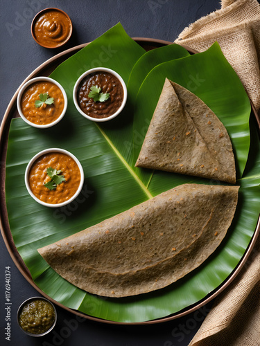 Protein rich Ragi roti made from Finger millet placed in a banana leaf plate and served with chutney . South indian dish. Breakfast. Traditional. Isolated background. Selective soft focus. photo