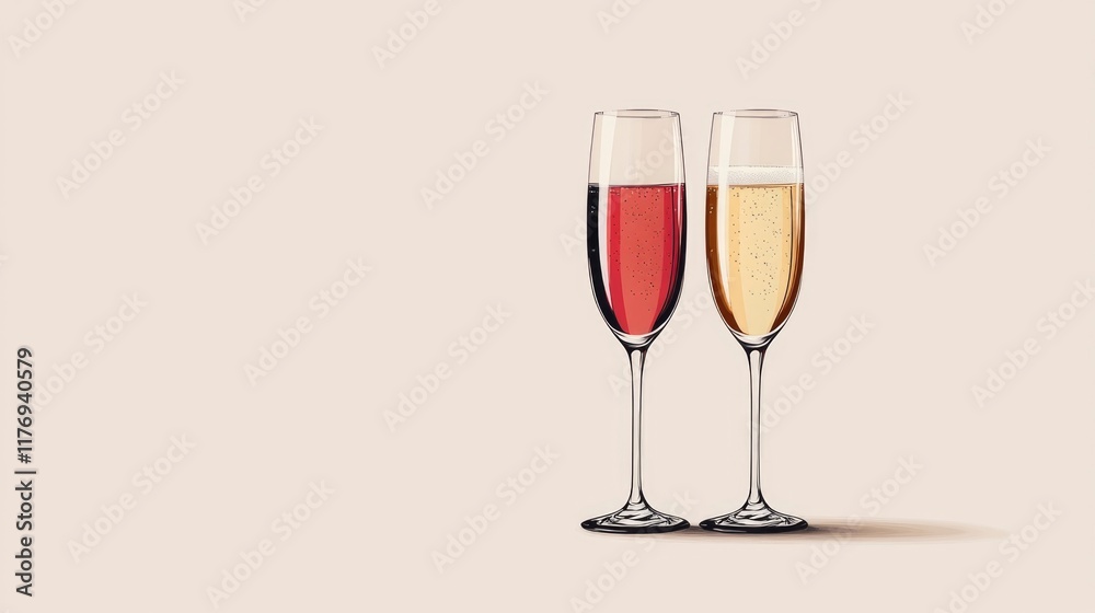 Two elegant champagne flutes, one filled with red and the other with golden bubbly, symbolize celebration and romance on Valentine's Day in a minimal style Two elegant champagne flutes, one filled with red and the other with golden bubbly, symbolize celebration and romance on Valentine's Day in a minimal style