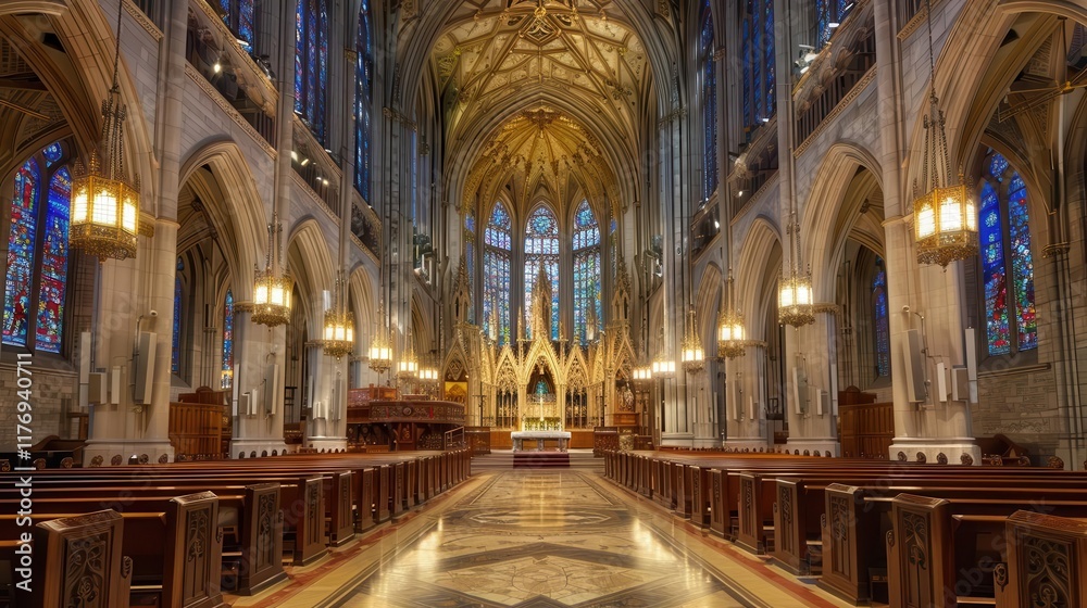 Fototapeta premium A grand church interior featuring intricate architecture, stained glass, and a serene atmosphere.