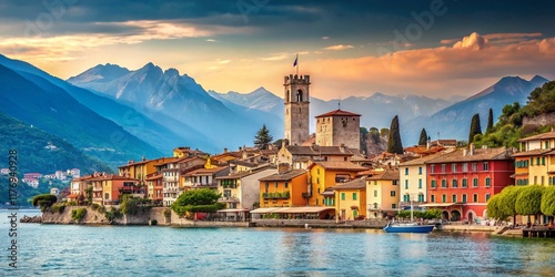 Obraz na płótnie Minimalist Panoramic View of Malcesine Town, Lake Garda, Italy w salonie