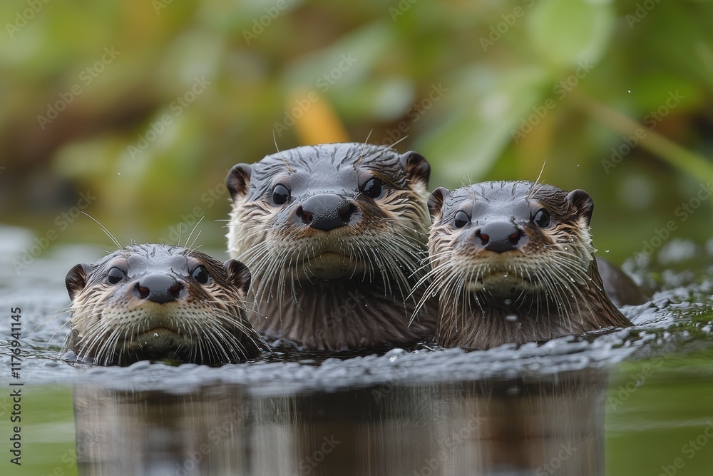 Family of otters swimming together in a tranquil pond during a sunny afternoon Family of otters swimming together in a tranquil pond during a sunny afternoon