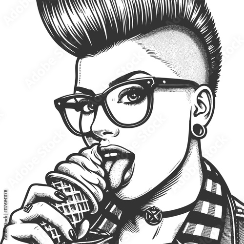 Edgy punk woman enjoying an ice cream cone, mohawk, tattoos sketch engraving generative ai fictional character vector illustration. Scratch board imitation. Black and white image.