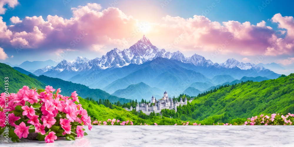Naklejka premium Fairytale Castle in the Mountains with Pink Flowers and Marble Surface