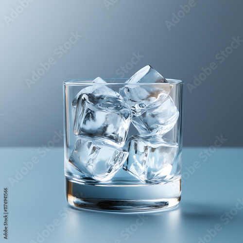 Crystal-clear ice cubes in a glass, reflecting light beautifully, perfect for cocktails or refreshing beverages.
