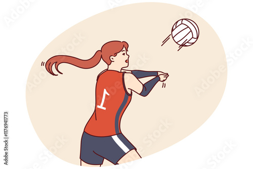 Woman volleyball player tosses ball to score goal for opposing team during tournament or training match. Girl volleyball player makes career in professional sports and plays under first number