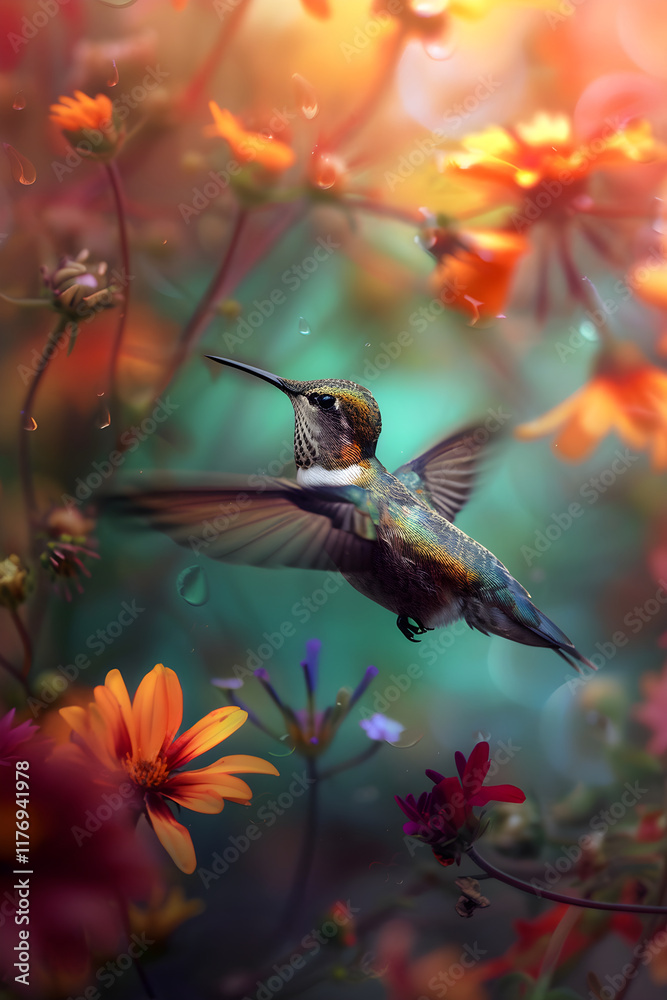 Fototapeta premium A Captivating Moment: Hummingbird in Mid-Air, Extracting Nectar from Vibrant Blossoms
