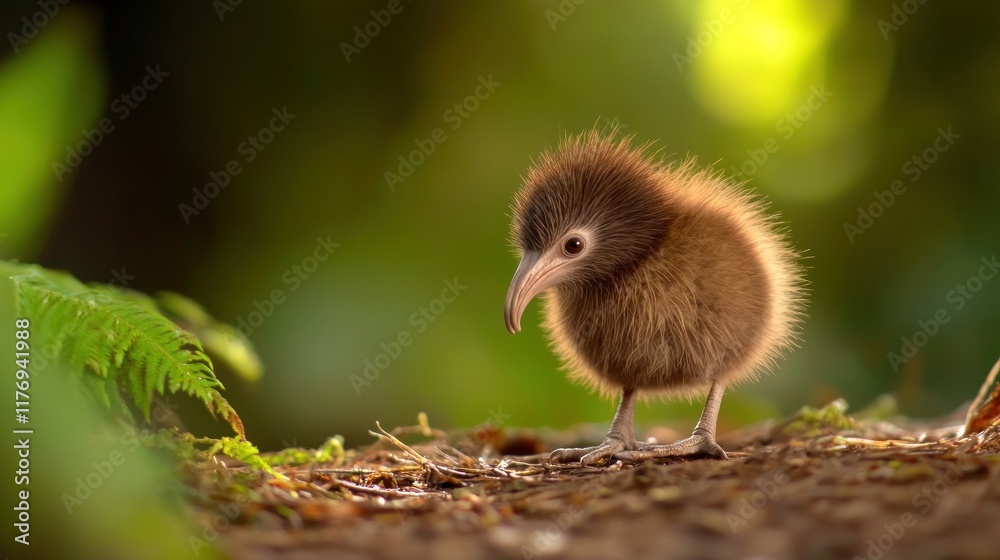 A fluffy kiwi chick exploring its natural forest habitat. A fluffy kiwi chick exploring its natural forest habitat.