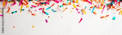 Vibrant confetti and streamers falling on a white background, symbolizing celebration and joy, ideal for party and festive occasion designs