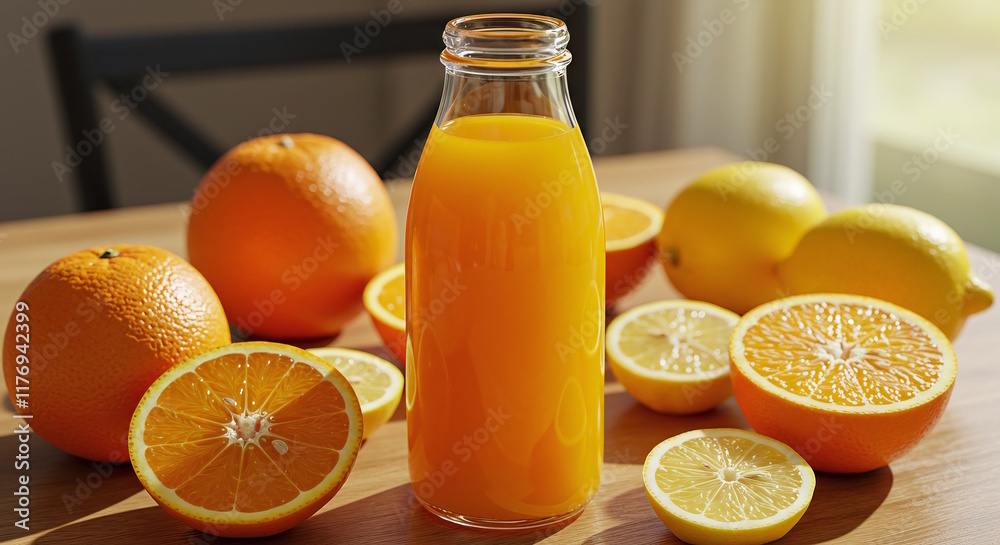 A bottle of orange juice, with slices of orange and lemon surrounding it, bathed in bright, natural light that emphasizes its fresh, zesty appeal. A bottle of orange juice, with slices of orange and lemon surrounding it, bathed in bright, natural light that emphasizes its fresh, zesty appeal.