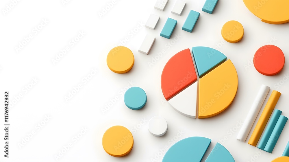 Fototapeta premium A collection of colorful 3D shapes, including pie charts, cylinders, and circles, are arranged on a white background, creating a visually appealing and potentially data-driven composition.
