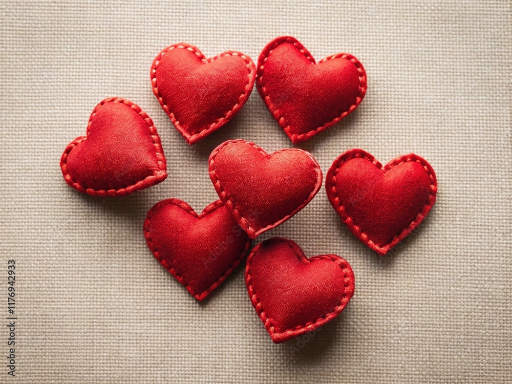 Fototapeta premium Minimalist Valentine's Day: Sewn Hearts, Love Symbol, Romantic Craft, Red Thread, Fabric Hearts