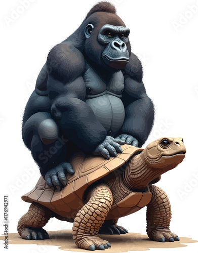 Vector image of a very fat and funny gorilla laughing on top of an ancient turtle statue.