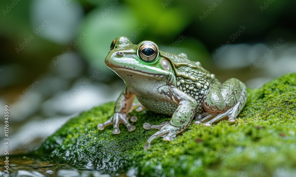 Frog perched on mossy rock by water during spring in lush green environment Frog perched on mossy rock by water during spring in lush green environment