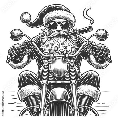 Santa Claus wearing sunglasses, smoking a cigar, and riding a motorcycle, showcasing a rebellious festive spirit sketch engraving generative ai vector illustration. Scratch board. Black and white.