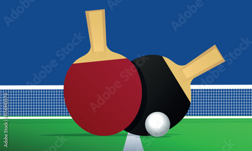 Ping pong table. Table tennis tournament banner. Rackets on the table, net and ball