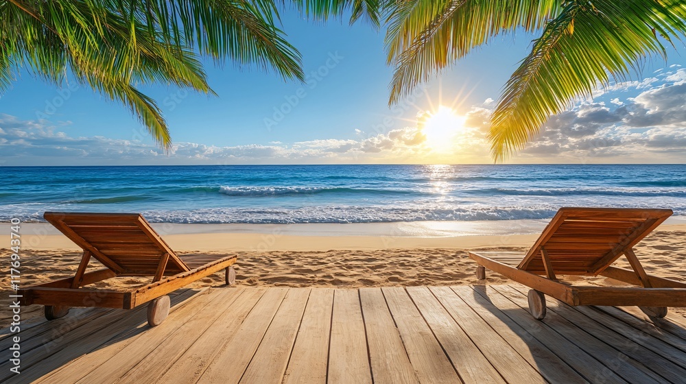 Relaxing beach chairs facing a vibrant sunset over the ocean waves in a tropical setting